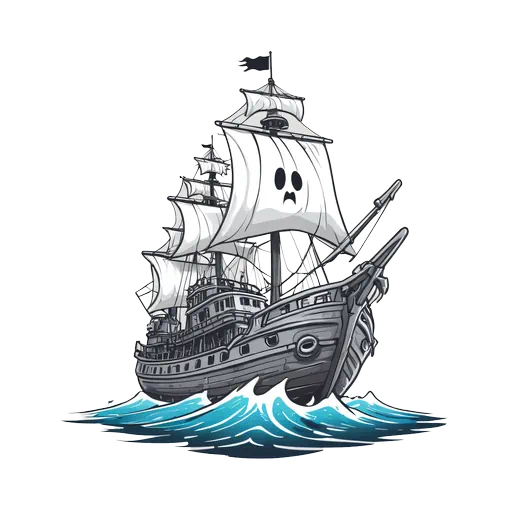 A grayscale ghost pirate ship with a face on the sail sailing on blue waves, illustrative sticker style.