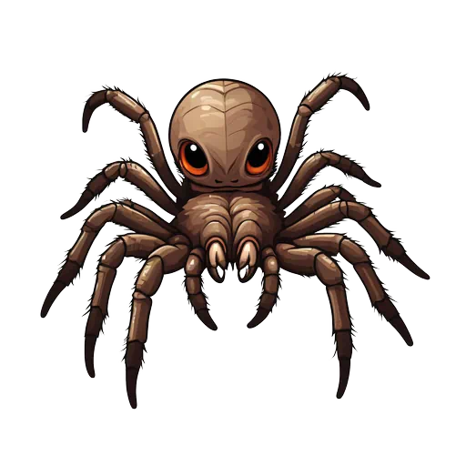 A cartoon giant tarantula with large orange eyes and brown textured legs in a detailed illustrative style.
