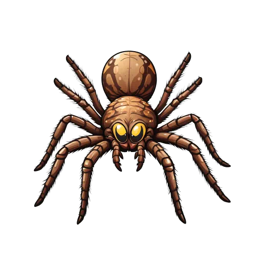 A cartoon brown tarantula spider with large yellow eyes and detailed hairy legs on a white background.