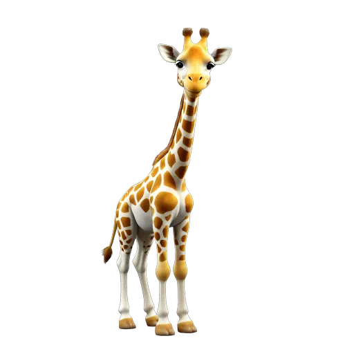 3D cartoon giraffe character with yellow and orange spots, standing isolated against a transparent background.