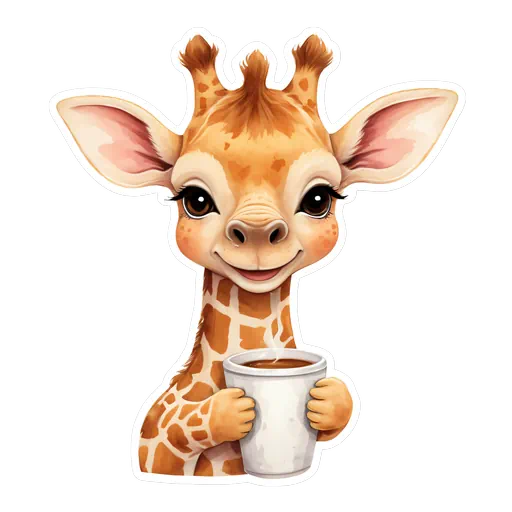 Cute watercolor style giraffe calf with big eyes holding a steaming white coffee cup on a white border.