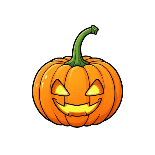 Vibrant orange jack-o-lantern with a glowing yellow face and green stem in a clean cartoon style.