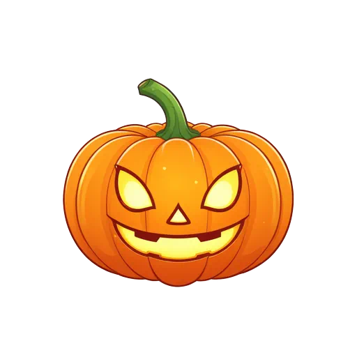 Vibrant orange jack o lantern with glowing yellow eyes and mouth in a clean cartoon clip art style.