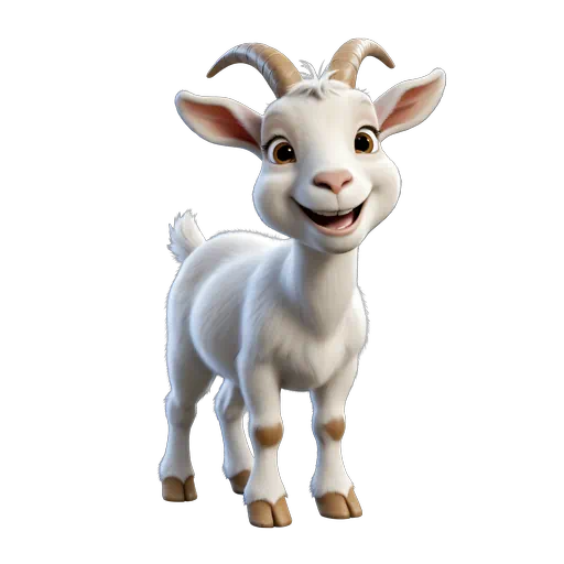 3D rendered cartoon illustration of a friendly white goat with brown horns, smiling, on a transparent background.