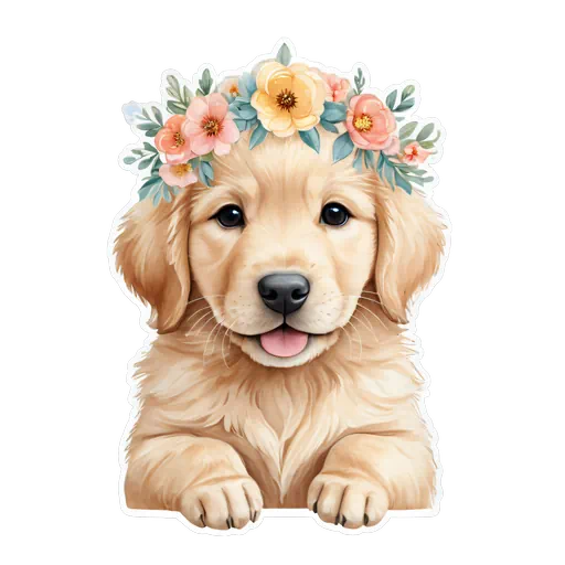 Cute watercolor golden retriever puppy wearing a pastel floral crown with peach and yellow flowers on white background.