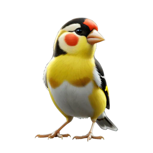 Colorful digital illustration of a goldfinch with yellow plumage, red face, and black wings, isolated on white background.