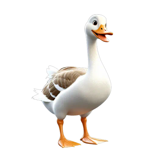 Friendly 3D animated white goose with brown wings and orange beak in a cute cartoon style.