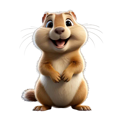 Cute 3D animated gopher standing and smiling, featuring brown and white fur in a realistic cartoon style.