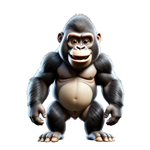3D animated gorilla character with dark grey fur and tan belly, friendly muscular digital illustration.