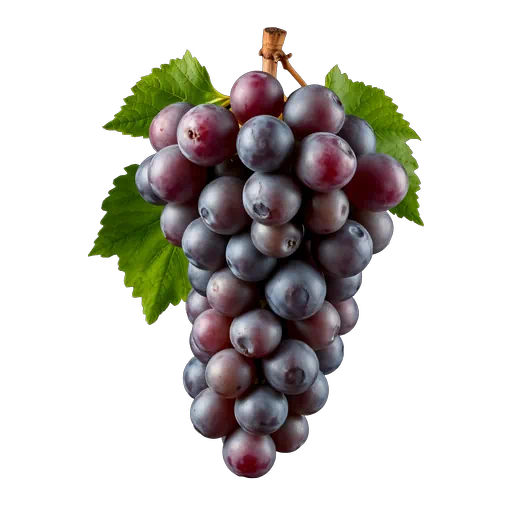 A cluster of ripe red grapes with green leaves, fresh and vibrant, isolated on a white background.