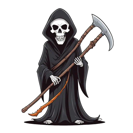 Cartoon Grim Reaper skeleton in black hood holding a wooden scythe, white background, digital vector style illustration.