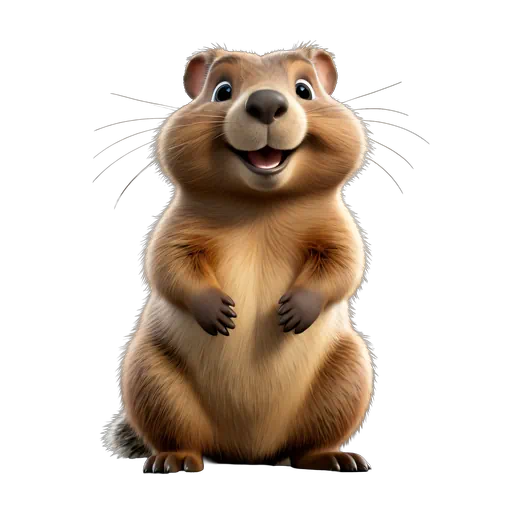 Smiling 3D cartoon groundhog with light brown fur and friendly eyes standing upright on a white background.