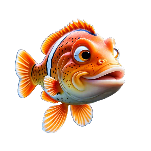 Cute 3D animated orange grouper fish with white stripes and black spots, isolated on a white background.
