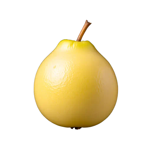 Vibrant yellow guava fruit with a small brown stem isolated on a plain white background.