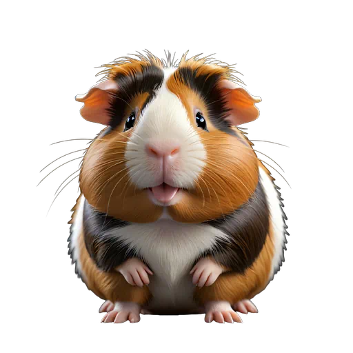 Fluffy tri-color guinea pig illustration with white, ginger, and black fur in a cute, realistic style.