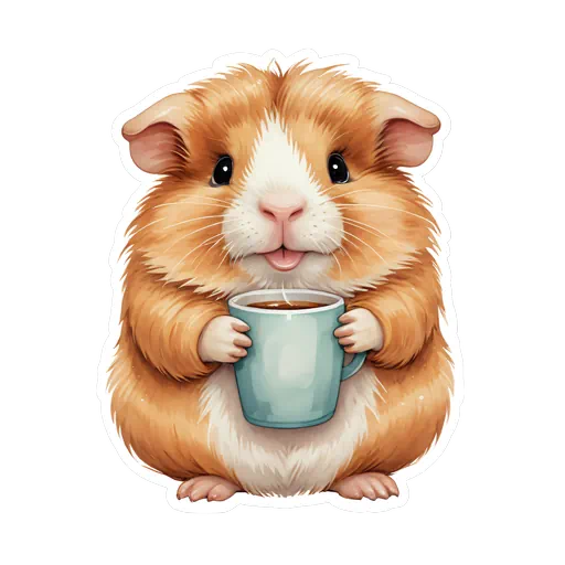Illustrated fluffy orange and white guinea pig holding a teal coffee mug in a cute sticker style.