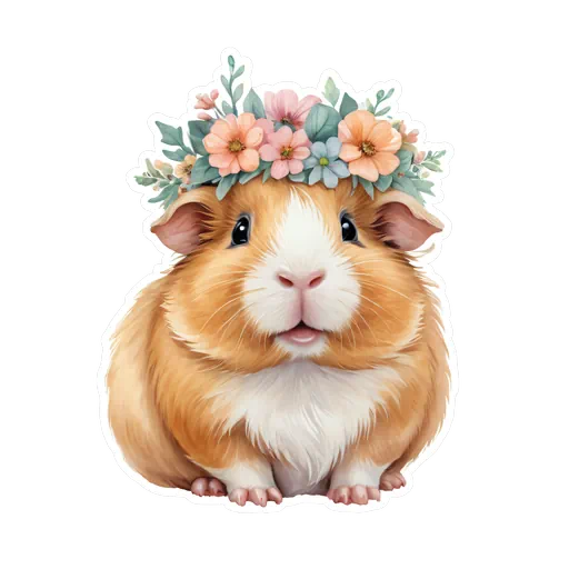 Watercolor guinea pig wearing a colorful peach and pink floral crown with a soft white background.