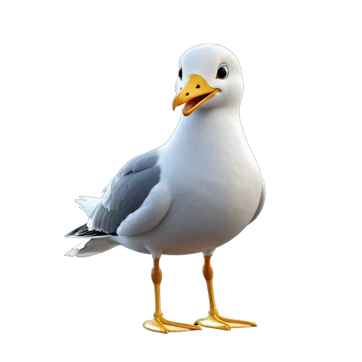 3D animated white and grey seagull with a yellow beak and legs, isolated on a white background.