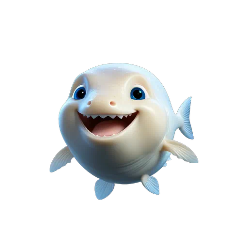 Friendly 3D cartoon white baby halibut sea life character with big blue eyes and a wide smile.
