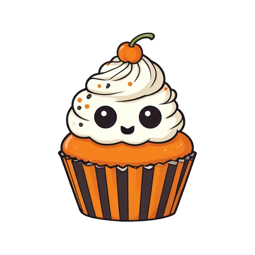 Cute kawaii Halloween cupcake illustration with orange striped liner, white frosting face, and a mini pumpkin topper.