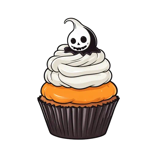 Illustrated Halloween cupcake with orange cake, white frosting, and a small ghost skull topper in a black liner.