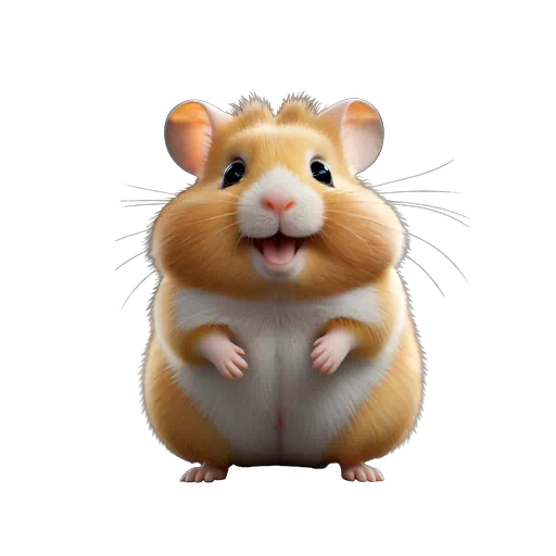 Cute golden and white fluffy hamster illustration with a happy smiling expression, standing against a dark background.