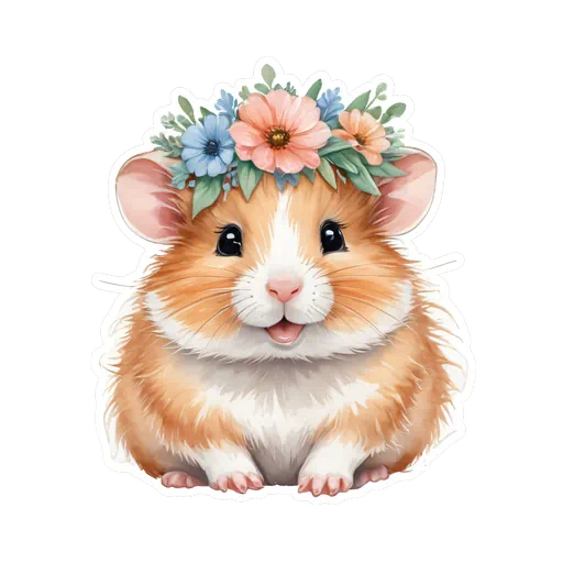 Cute fluffy hamster wearing a colorful floral crown with pink and blue flowers in a watercolor sticker style.