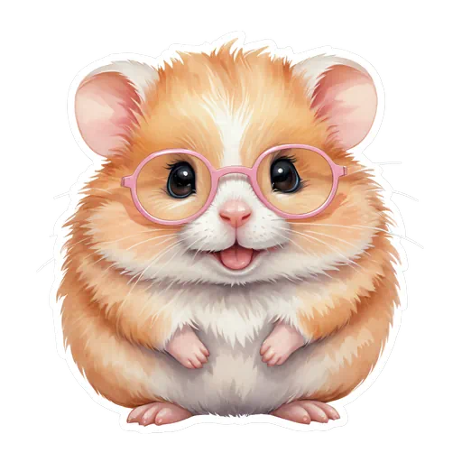 Cute fluffy ginger hamster wearing large pink round glasses with a smiling face on a white background.