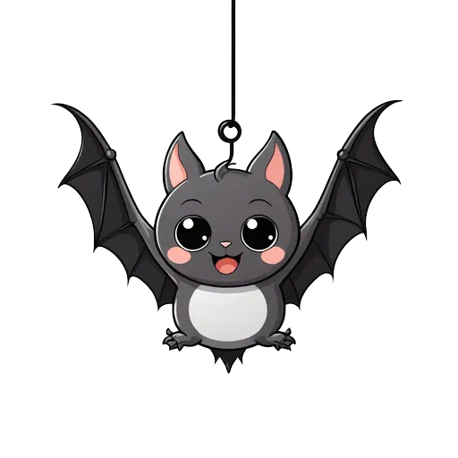 A cute cartoon grey bat with large eyes and pink cheeks hanging from a thin black hook.