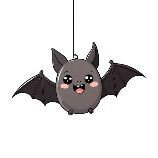Cute cartoon grey bat with pink cheeks hanging on a string, kawaii style digital art.