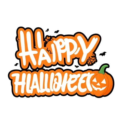 Vibrant orange and white graffiti style Happy Halloween text sign with a jack-o-lantern pumpkin and small black bats.