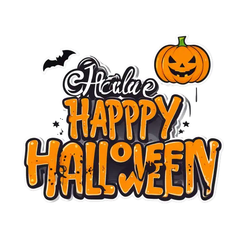 Spooky Happy Halloween text with an orange jack-o'-lantern pumpkin, black bat, and stars on a white background.