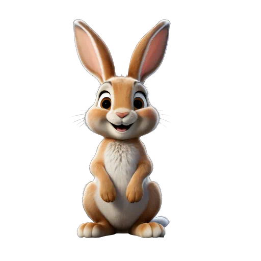 Friendly 3D animated brown and white hare with large ears, big eyes, and a smiling face.