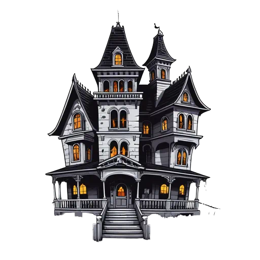 Detailed grayscale Victorian haunted house illustration with glowing yellow windows and a spooky architectural style on a white background.