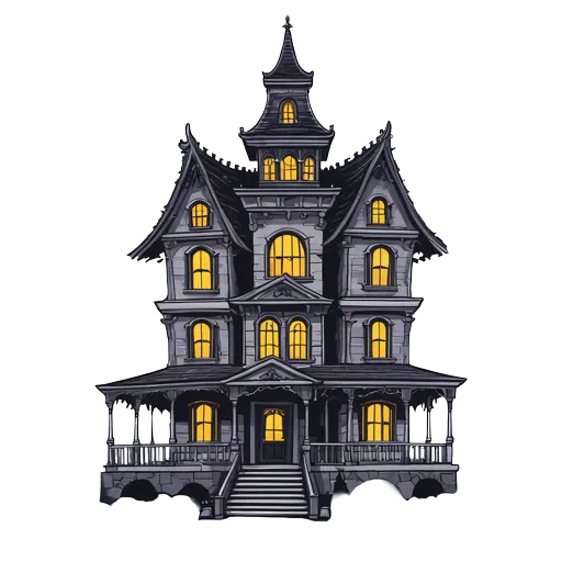 Spooky gray Victorian haunted house illustration with glowing yellow windows and a tower in a cartoon style.