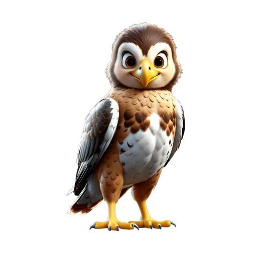 Stylized 3D cartoon hawk with brown and white feathers, large friendly eyes, and a bright yellow beak.