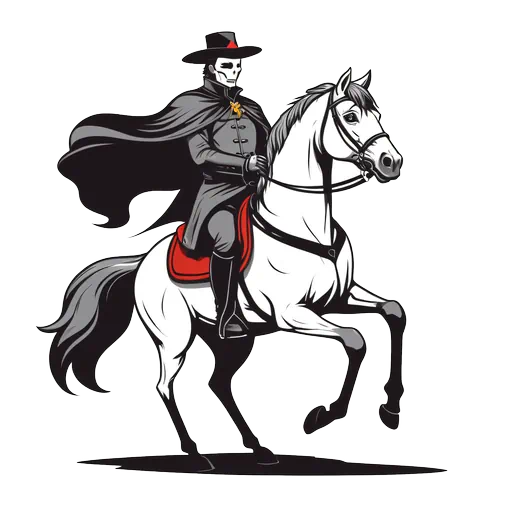 Illustration of a skeleton rider in a black cape on a white horse for Halloween clip art.
