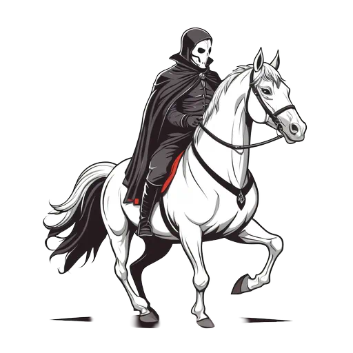 Vector illustration of a skull-masked rider in a black cloak on a galloping white horse for Halloween.