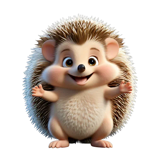 Cute 3D animated brown and tan hedgehog smiling with open arms, digital illustration on white background.