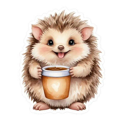 Cute watercolor hedgehog sticker holding a steaming coffee cup with a heart, featuring soft brown and tan tones.