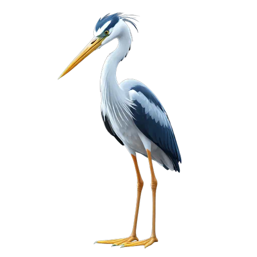 Digital illustration of a grey heron bird with a white neck, blue-grey wings, and long yellow beak.