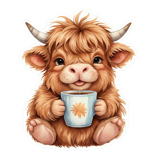 Cute fluffy brown baby highland cow holding a blue coffee mug in a cartoon sticker illustration style.