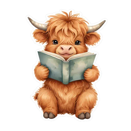 Cute watercolor baby highland cow with ginger fur reading a teal vintage book on a white background.