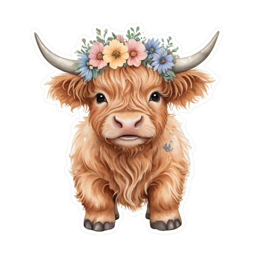 Fluffy ginger highland cow calf wearing a colorful floral crown in a whimsical watercolor sticker style.