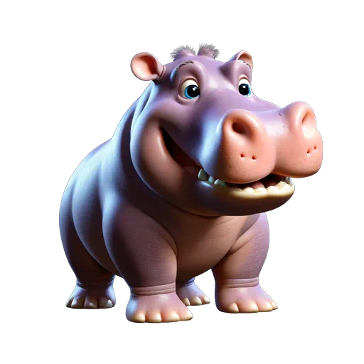 Cute 3D animated purple hippopotamus character with a friendly smile, isolated on a white background.
