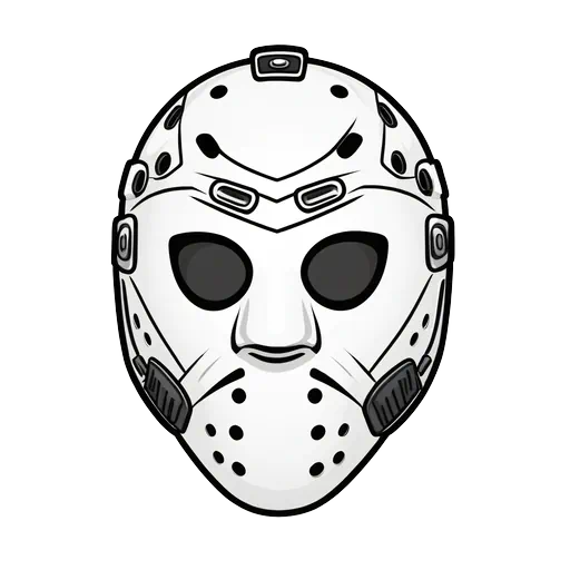 White hockey goalie mask illustration with black ventilation holes and outlines on a clean white background.