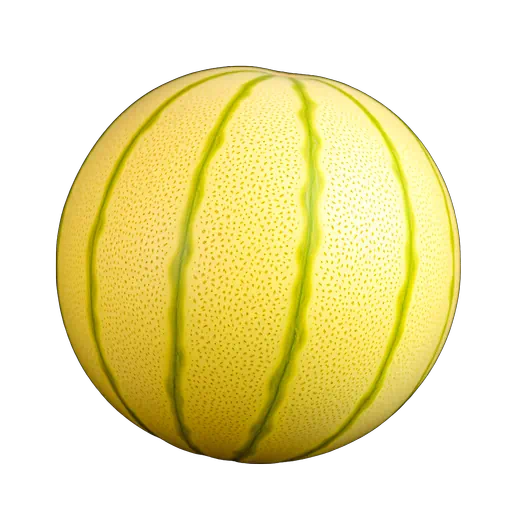 Whole yellow honeydew melon with green vertical stripes and textured skin, isolated on a white background.