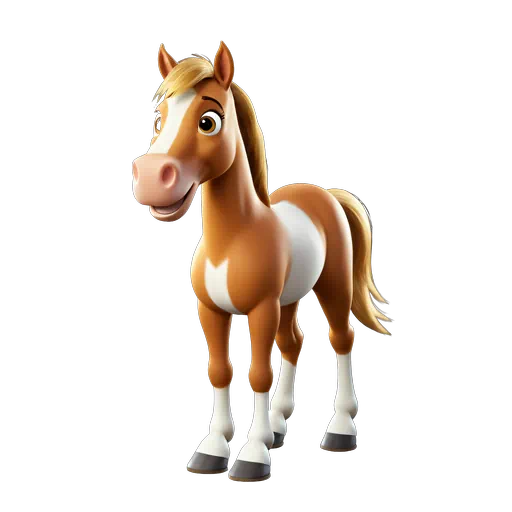 3D cartoon brown and white pinto horse with blonde mane and white legs, friendly animated animal character.