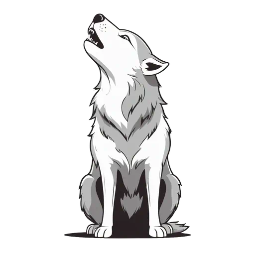 Grayscale vector illustration of a wolf sitting and howling upwards with clean lines on a white background.