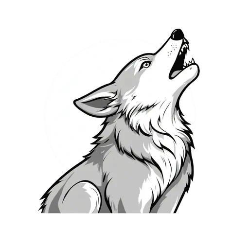 Grayscale vector illustration of a wolf howling upwards against a light gray circular moon background in sticker style.